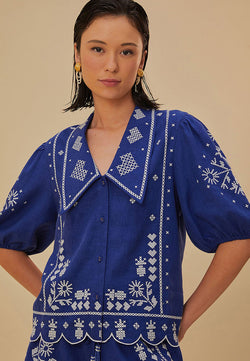 Navy Blue Embroidered Short Sleeve Shirt