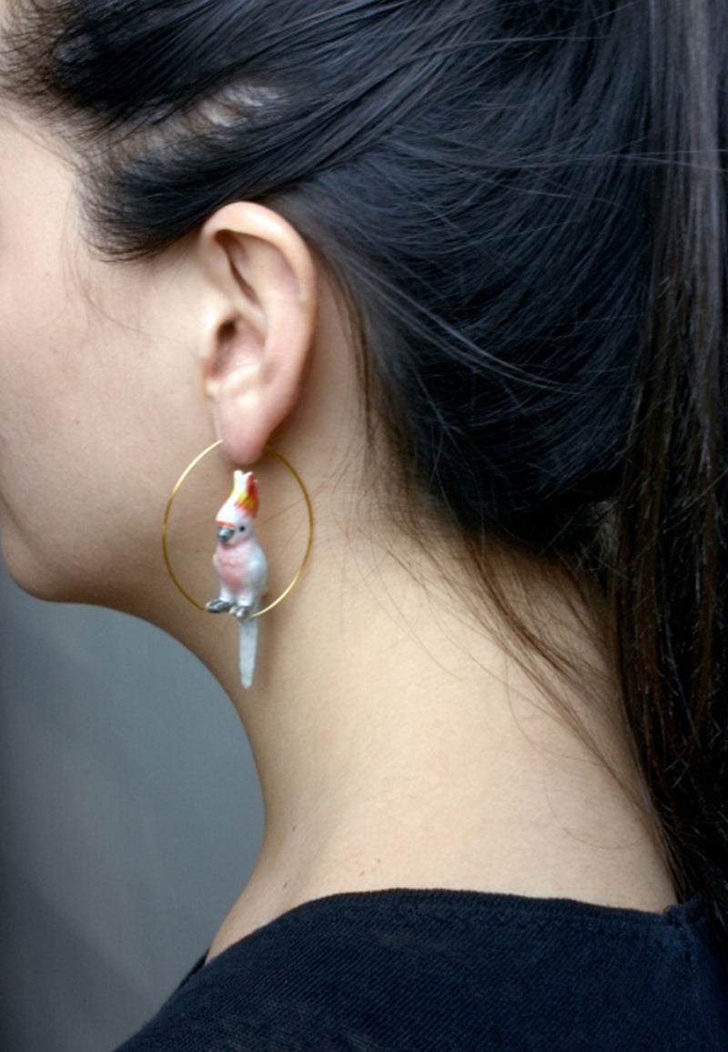 Pink Cockatoo bird hoop earrings