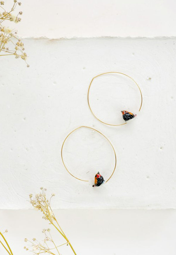 Pink-throated twinspot bird hoop earrings